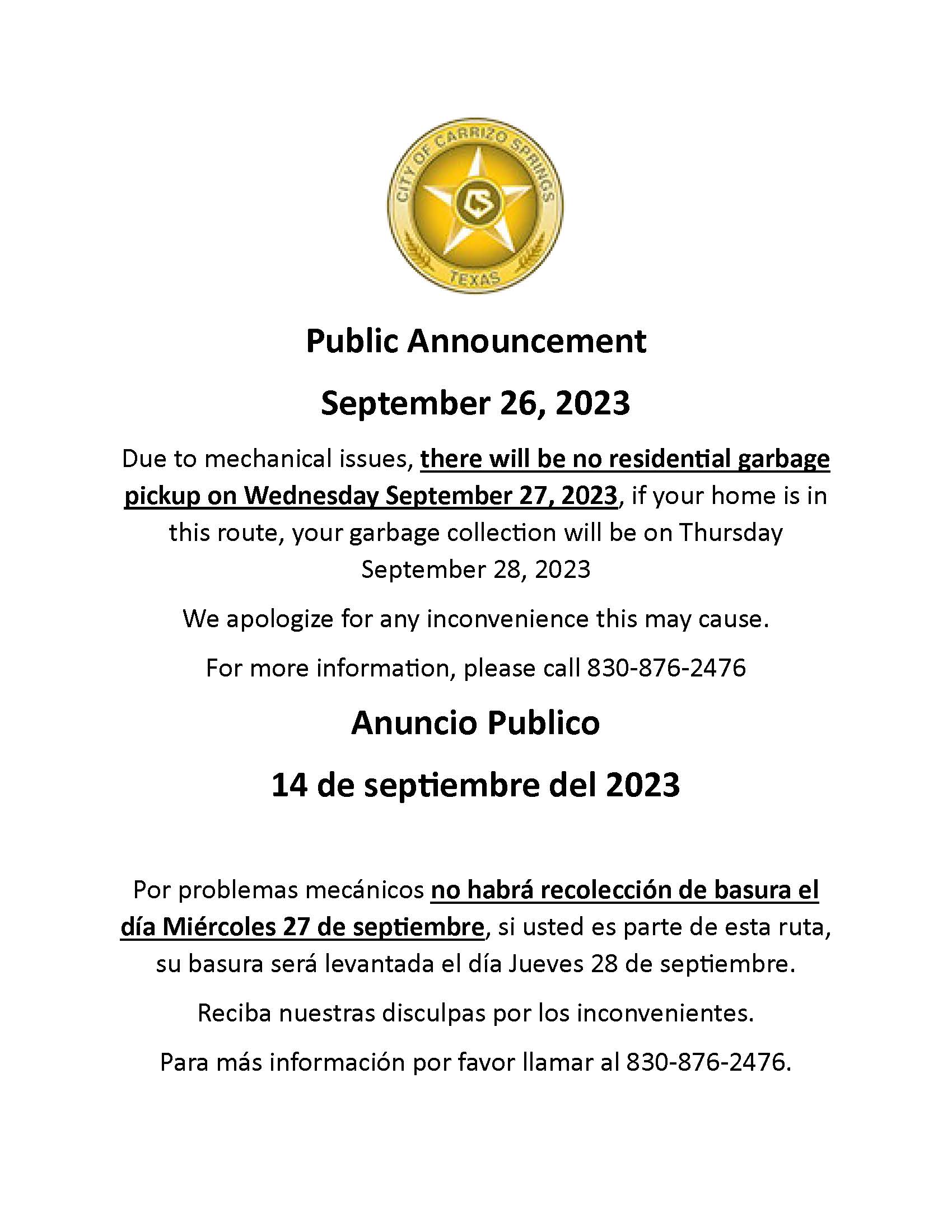 GARBAGE COLLECTION NOTICE Carrizo Springs Texas garbage-collection-notice-carrizo-springs-texas